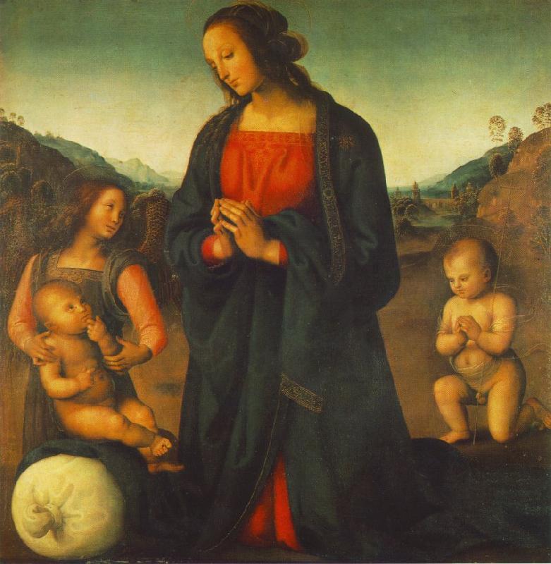 PERUGINO, Pietro Madonna, an Angel and Little St John Adoring the Child (Madonna del sacco) R